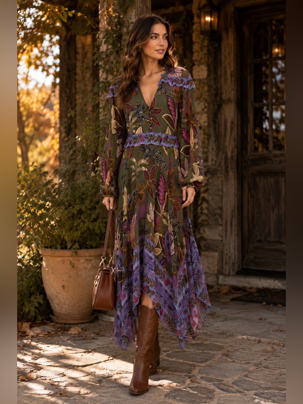 NWT FARM Rio Green Wild Jungle Midi Dress with Purple and Pink Leaf Print